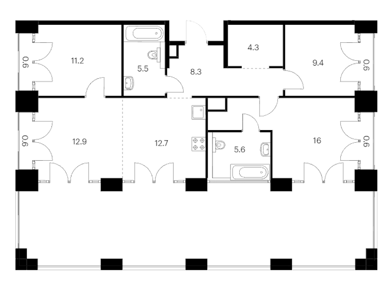 3-комнатная квартира 101.8 м², 9/9 эт., ЖК «Лермонтовский 54»